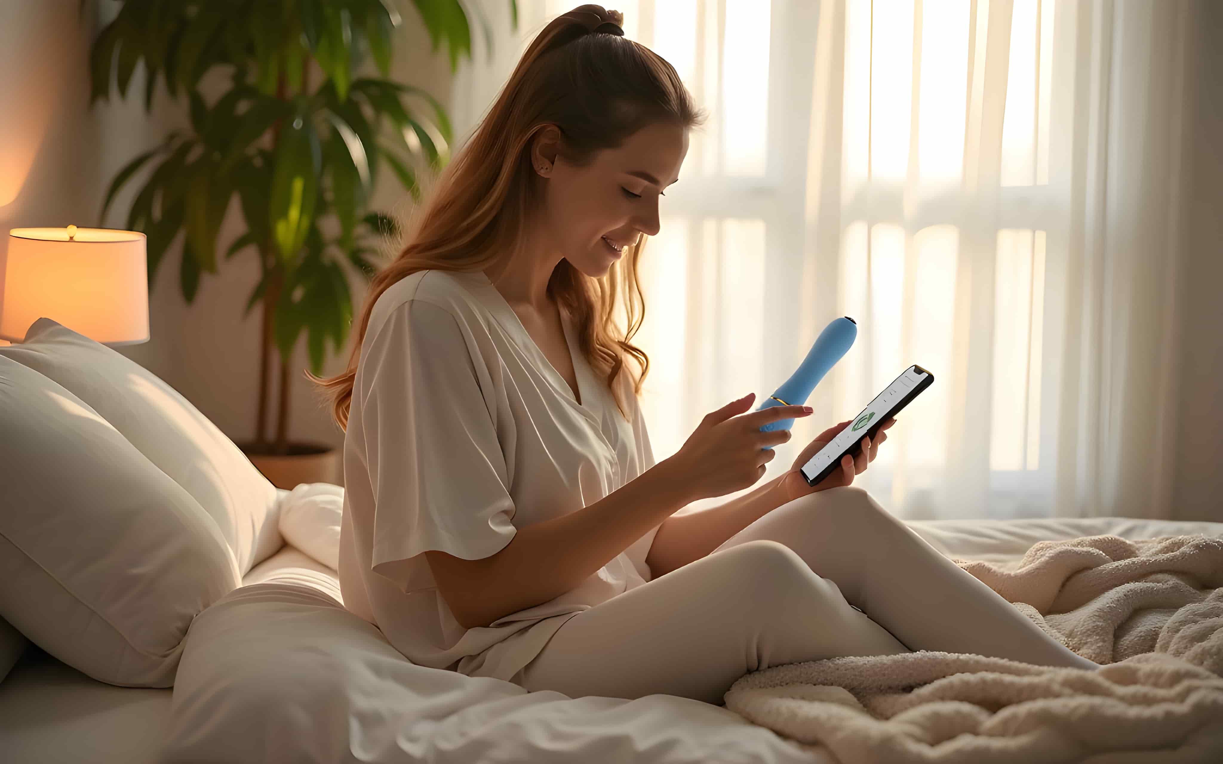 Woman performing at-home self-check with Evecycle Blissful Relaxer intimate care device and smartphone on bed 