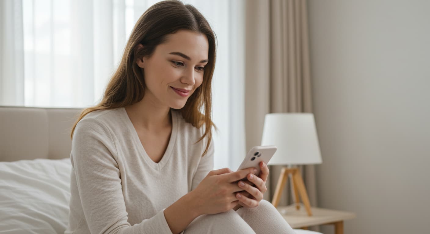 Calm woman at home with EveCycle, representing private self-care and peace of mind 