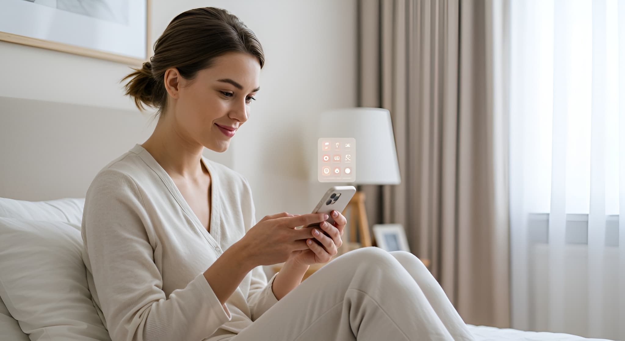 Thoughtful young woman holding smartphone, reviewing subtle wellness changes from home in a private and relaxed setting. 