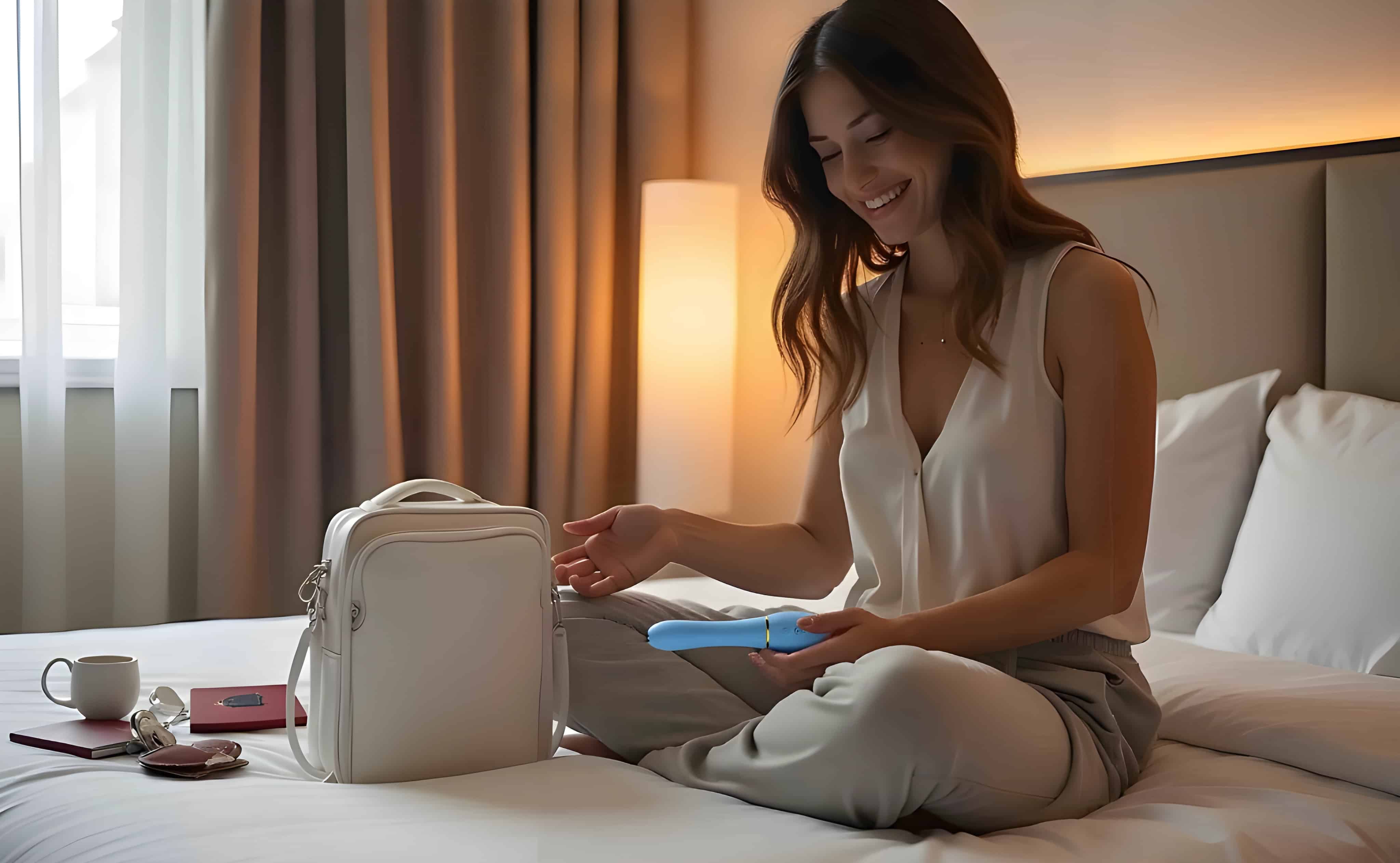 Woman packing portable Evecycle Blissful Relaxer intimate care device for travel in hotel room 